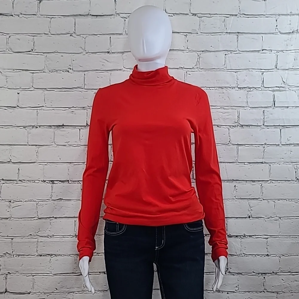 J Crew Long Sleeve Ultra Thin Cotton Relaxed Straight Tissue Turtleneck Top Red